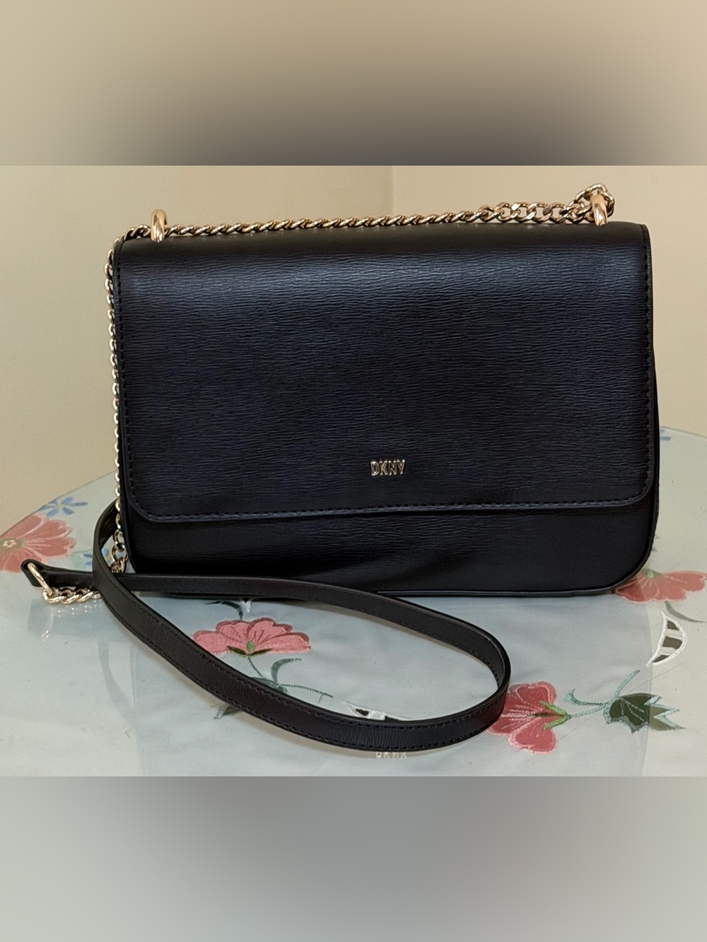 DKNY Black Crossbody Bag with Gold Chain